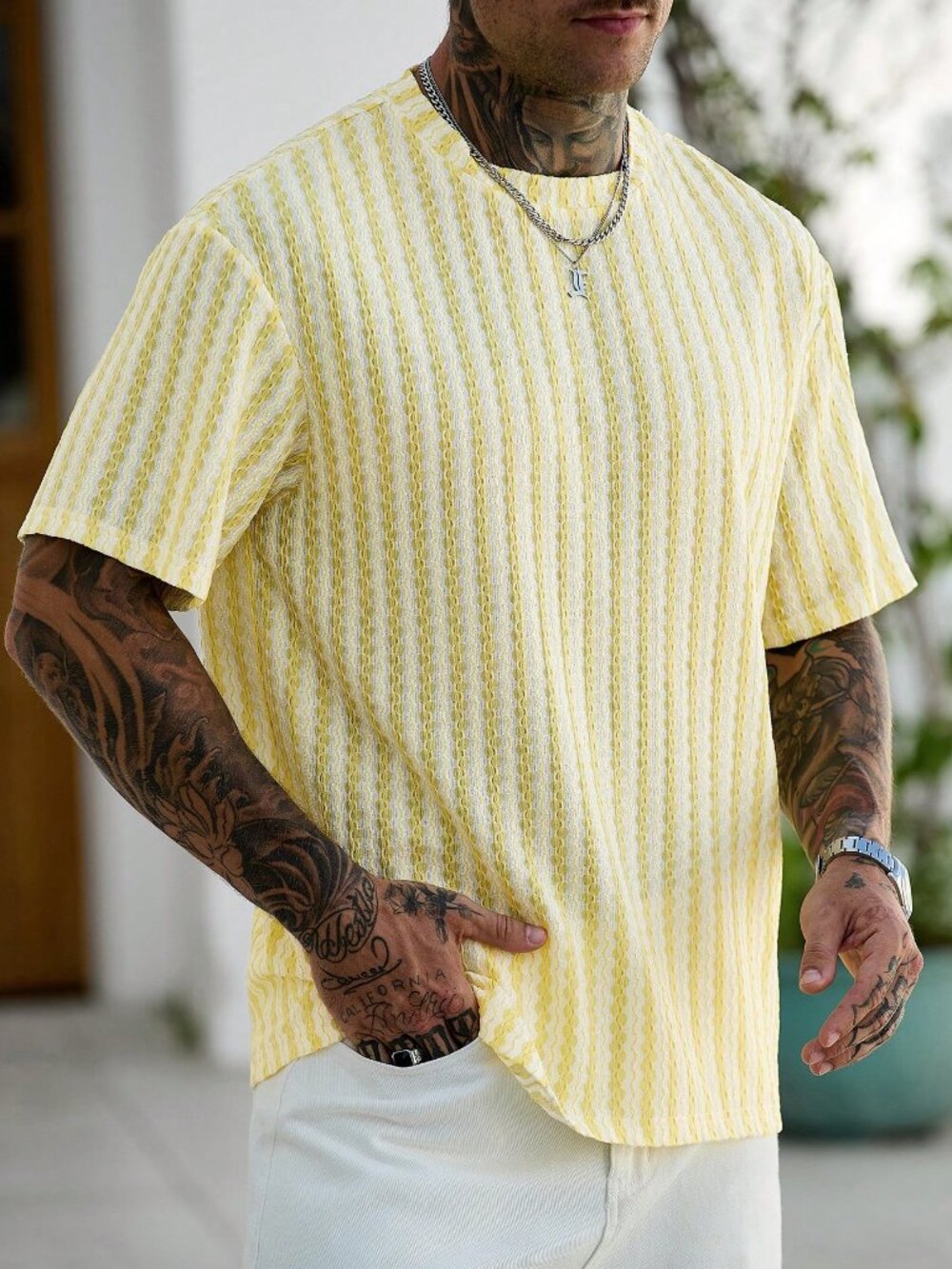 Light Yellow Regular Fit Men's Geometric Knit T-Shirt